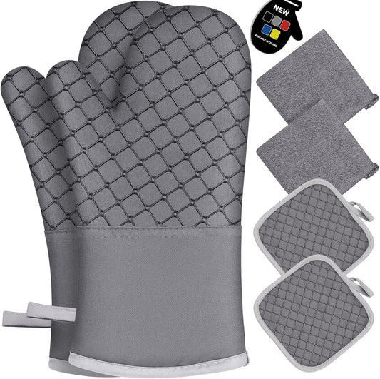 6-Piece Heat-Resistant Oven Mitts and Pot Holders Set with Soft Cotton Lining and Non-Slip Silicone Surface for Safe Baking, Cooking, and BBQ (Grey)