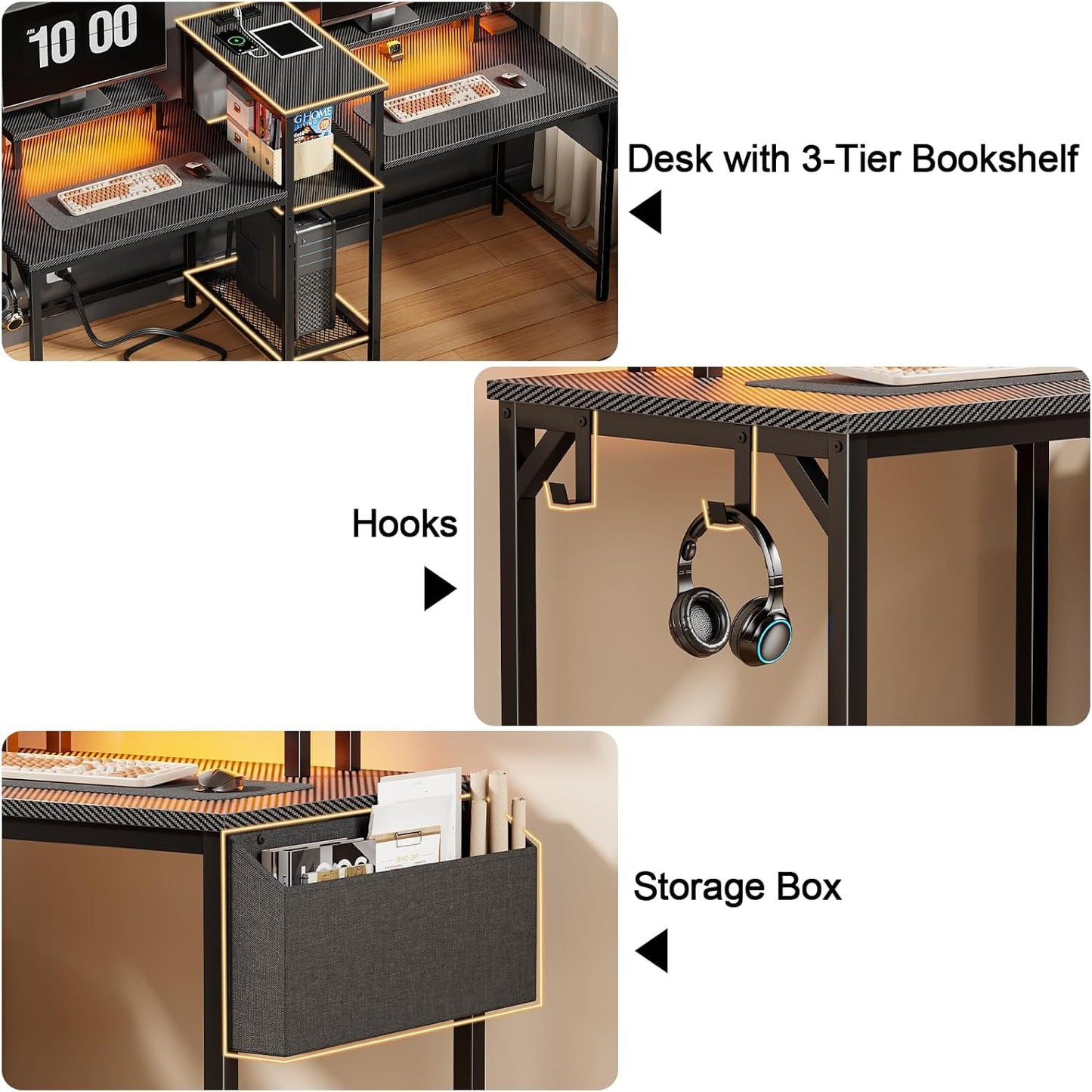 2 Person Gaming Desk with LED Lights, 71 Inch Computer Desk with Power Outlets and Monitor Stand, Double Desk with Storage Bag and Headphone Hooks, Study Writing Table for Home Office, Black