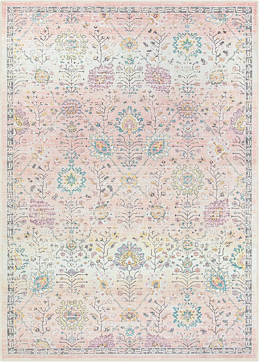 Pink Boho Area Rug for Nursery, 5X7 Washable Pink Rugs for Bedroom Girls Kids Room Living Room, Floral Pastel Carpet Non Slip for Classroom Playroom Dorm