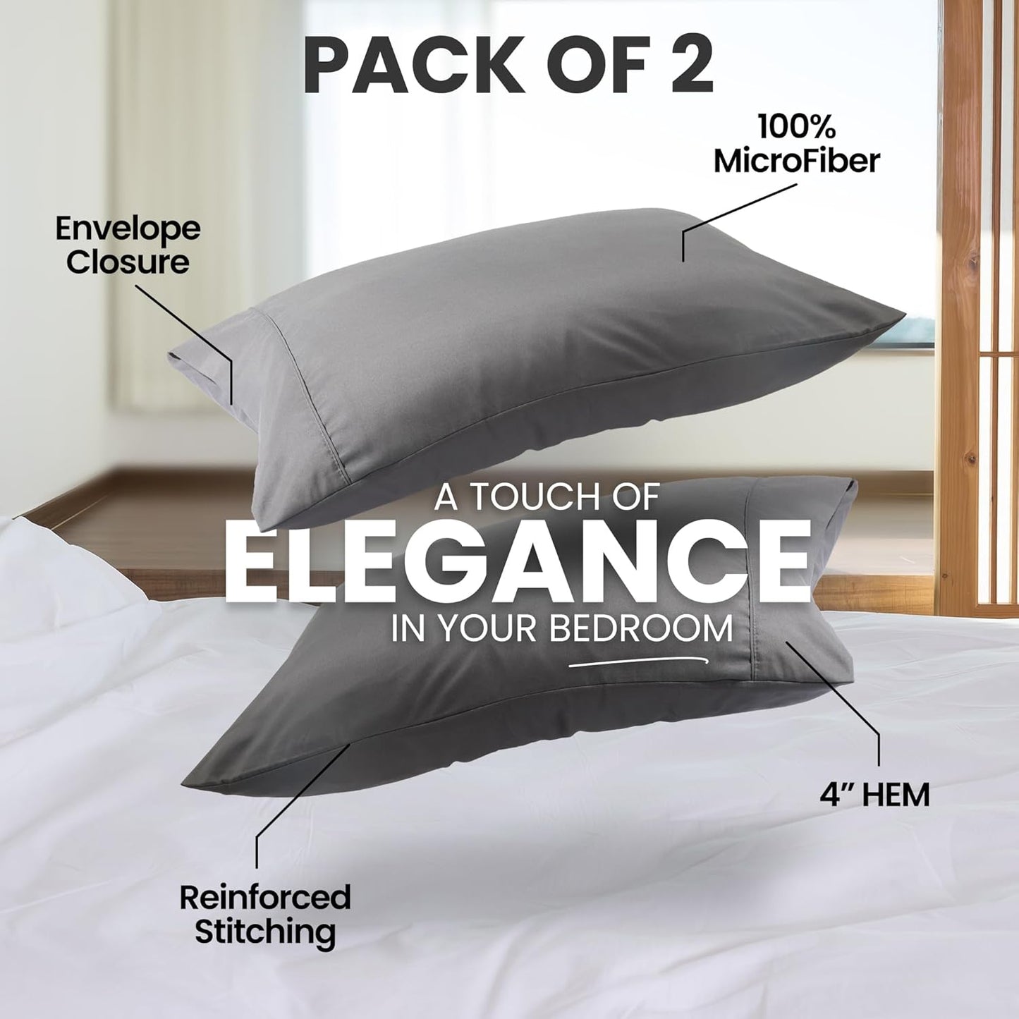 Pillow Cases Queen Size 2-Pack – Soft Brushed Microfiber – Envelope Closure – Perfect for Hospitals, Hotels, Guest Rooms – Oeko-Tex Certified, 20X30 Inches (Grey)