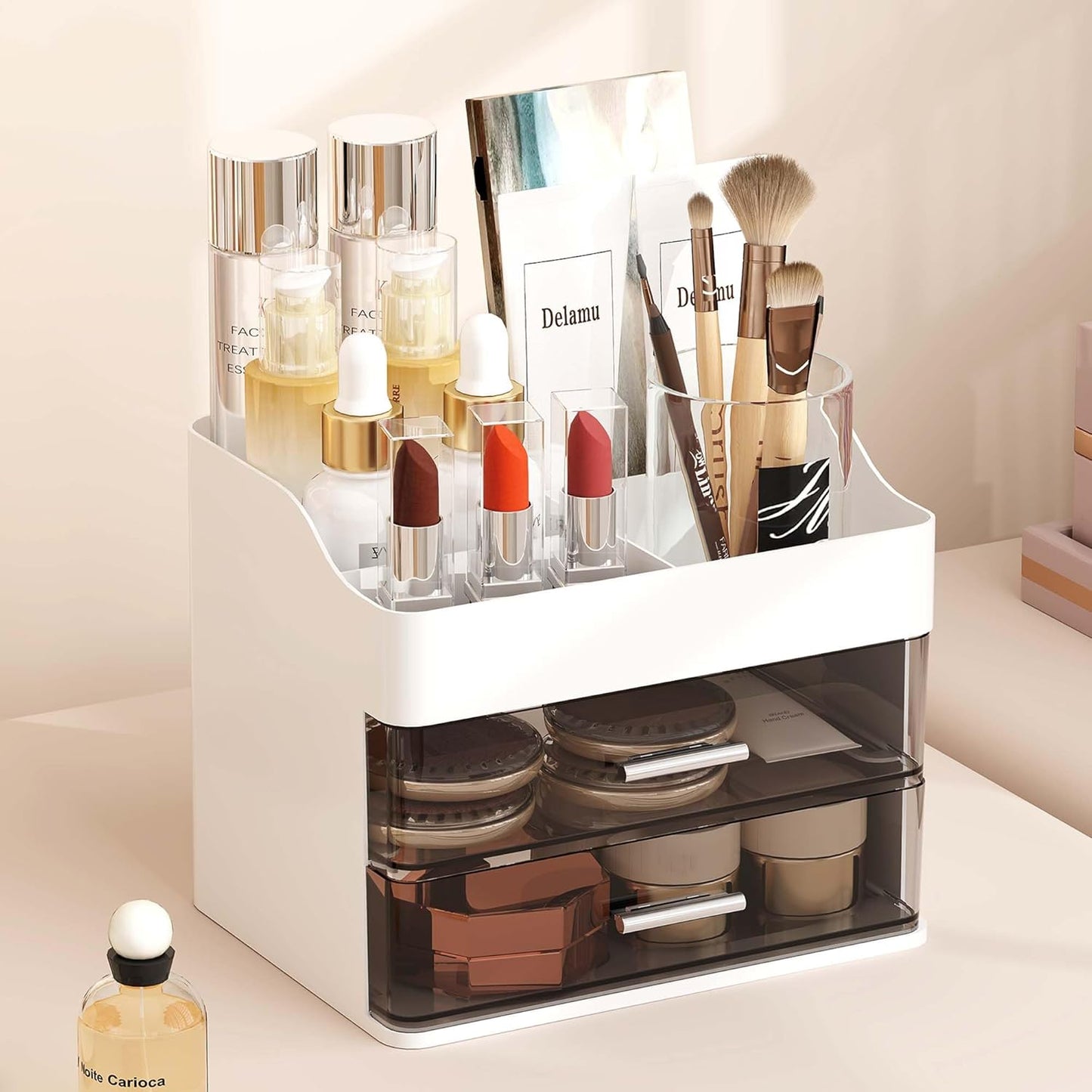 Makeup Organizer Countertop, 3-Tier Large Capacity Bathroom Counter Organizer with 2 Clear Drawers for Easy Access, Ideal for Makeup, Skincare, Lipsticks, Office Supplies, Present, Etc, White