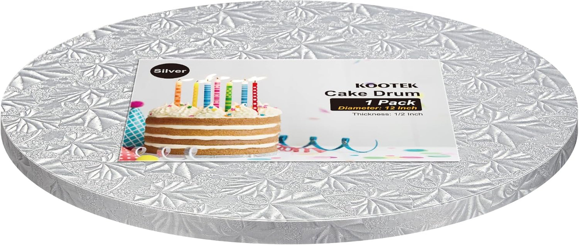 Cake Boards Drum 12 Inch Round, 1/2" Thick Decorating Supplies, Silver Sturdy Corrugated Cardboard Base, Base Para Pastel, 1 Pack