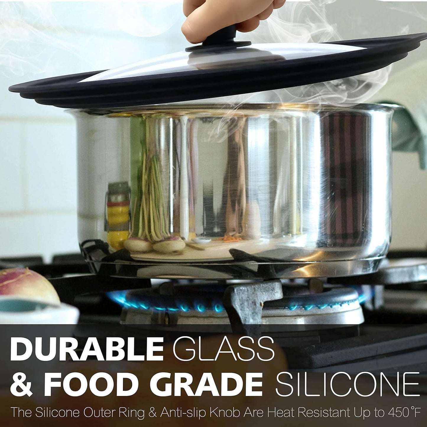 Silicone Universal Lid for Pots, Pans and Skillets - Tempered Glass Covered with Heat Resistant Silicone Rim Fits 9.5", 10" and 11" Diameter Cookware -Easy to Use Replacement Frying Pan Cover