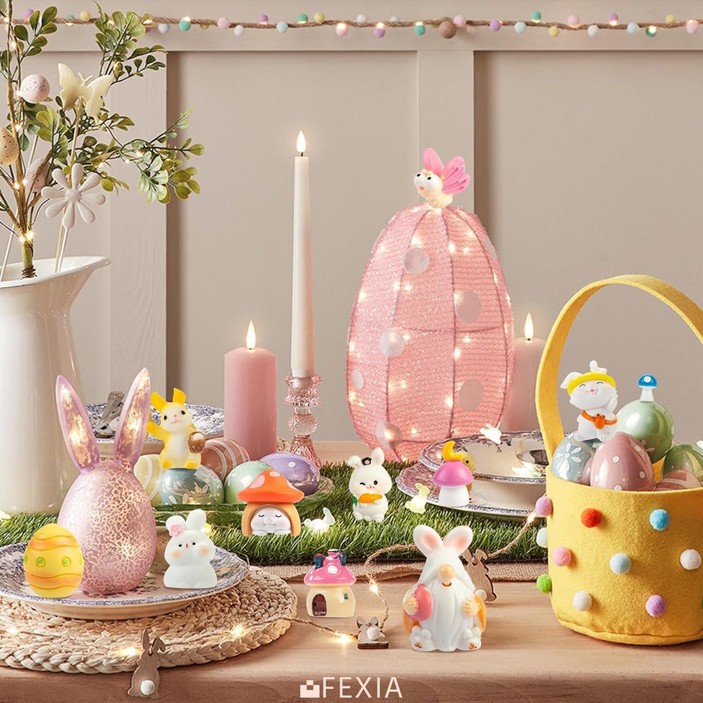 Mini Easter Rabbit Figurines Easter Bunny Rabbit Gnomes Figures to Hide Tiny Resin Animal Miniatures Carrots for Egg Stuffers Gift Fairy Garden Cake Topper Decor