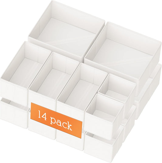 Drawer Organizer Clothes, 14 Pack Dresser Organizer for Baby Clothes, Underwear, Sock- Foldable Closet Organization and Storage Dividers Bins for Nursery, Bedroom and Dorm (White)
