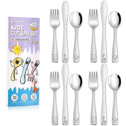 12-Piece Toddler Utensils, Stainless Steel Kids Silverware Set, Children Safe Forks, Spoons and Knives - Mirror Polished, Dishwasher Safe