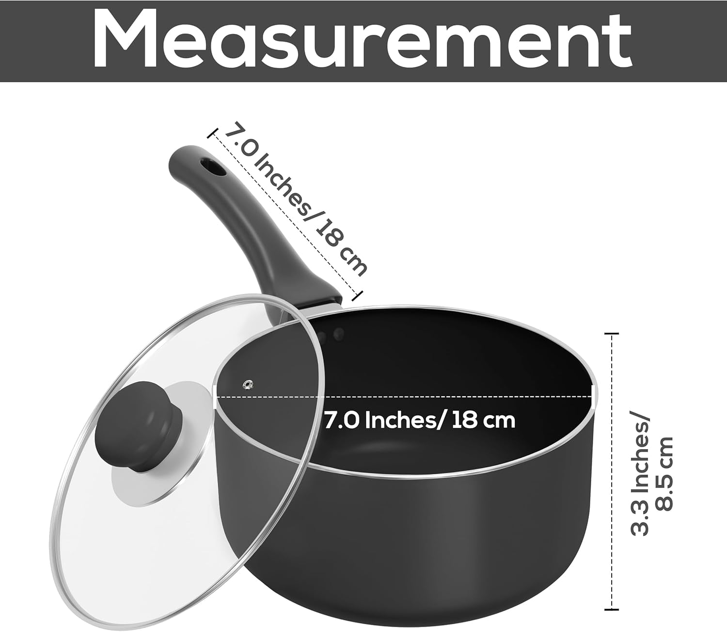 2 Quart Detachable Handle Nonstick Saucepan with Glass Lid, Multipurpose Use for Home, Kitchen or Restaurant, Grey & Black