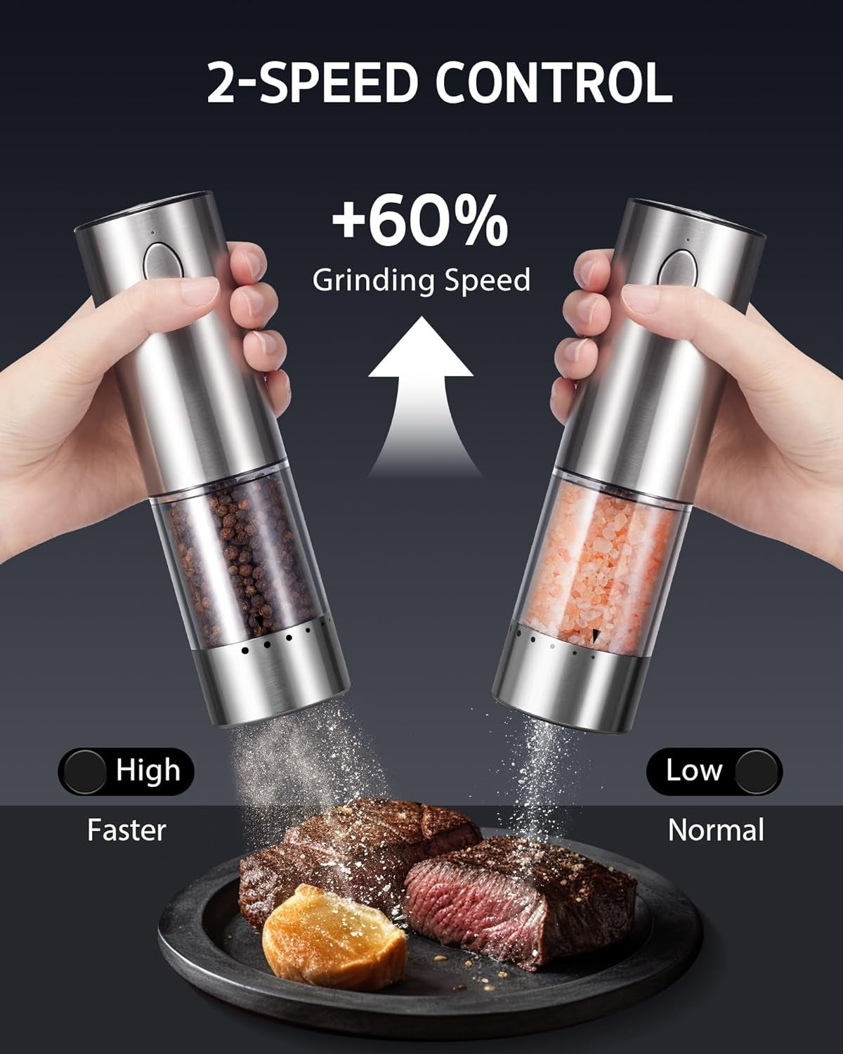 Electric Salt and Pepper Grinder Set USB-C Rechargeable, Stainless Steel Automatic Salt and Pepper Shakers with 6 Adjustable Coarseness High/Low Grinding Speed 95ML Large Capacity & LED Light
