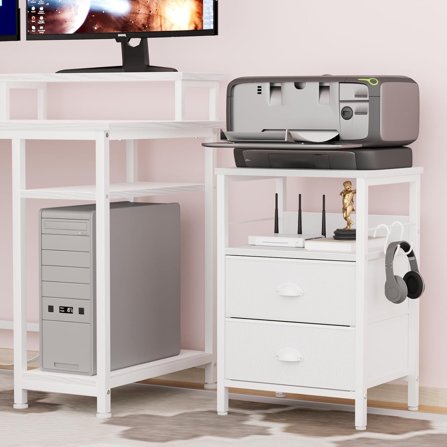 Nightstands Set of 2, End Table with 2 Fabric Drawers, Night Stand with 2 Hooks, Open Wood Shelf Bedside Table for Bedroom/Living Room/White