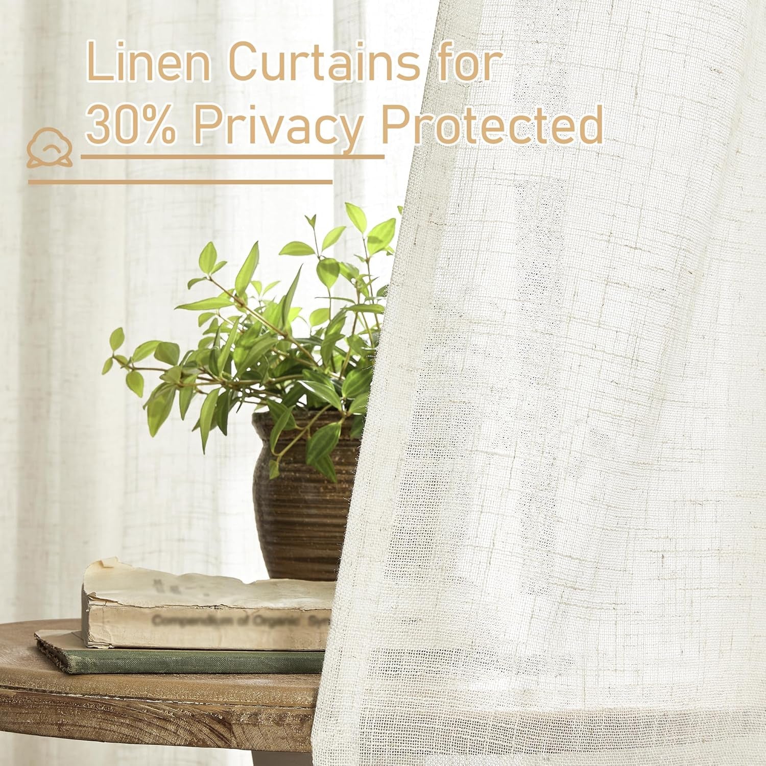 Linen Semi Sheer Curtains 63 Inch Length 2 Panels, Light Filtering Neutral Window Bedroom Curtains Farmhouse Boho Bronze Grommet Drapes for Kitchen/Living Room, Cream, 34 X 63 Inch