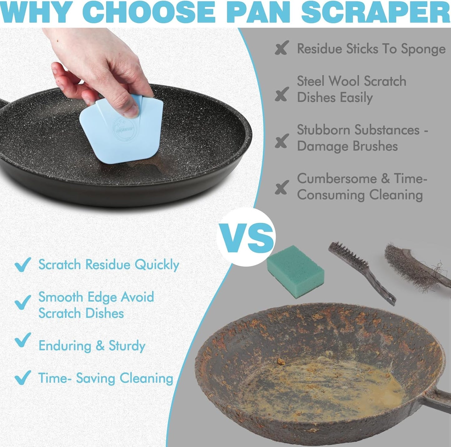 Pan Scraper Dish Scraper Tool - Pot Scraper Plastic for Cast Iron Skillet Cookware Cleaning, 6 Pcs Non Scratch Plastic Food Scraper Tool Kitchen, Heat Resistant Kitchen Scraper, Blue