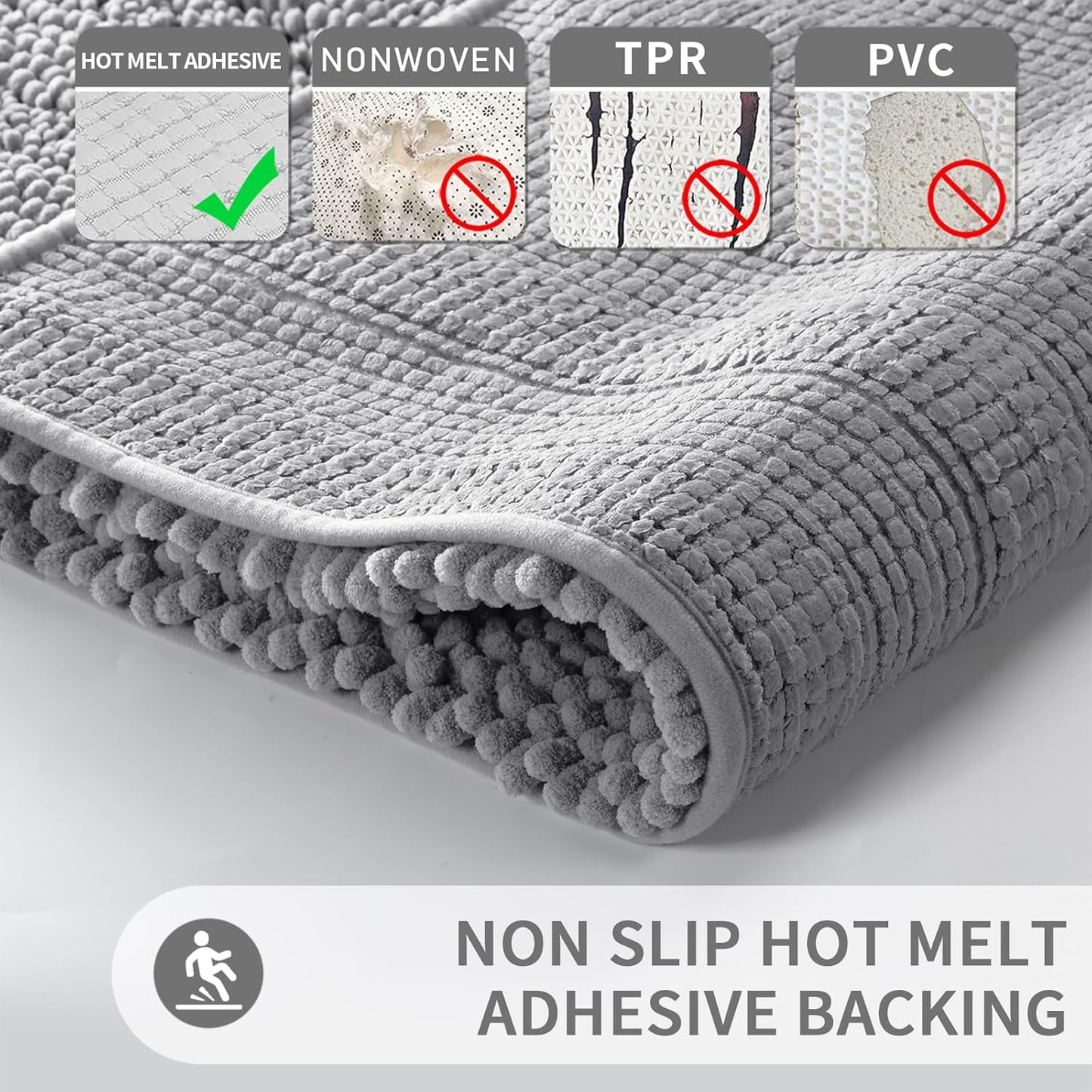 Bathroom Rugs Sets 2 Piece, Soft Absorbent Chenille Bath Mat and U-Shaped Toilet Rug, Non Slip Machine Washable Quick Dry, Plush Shower Rugs for Bathroom Floor, 24"X17"+24"X20", Gray