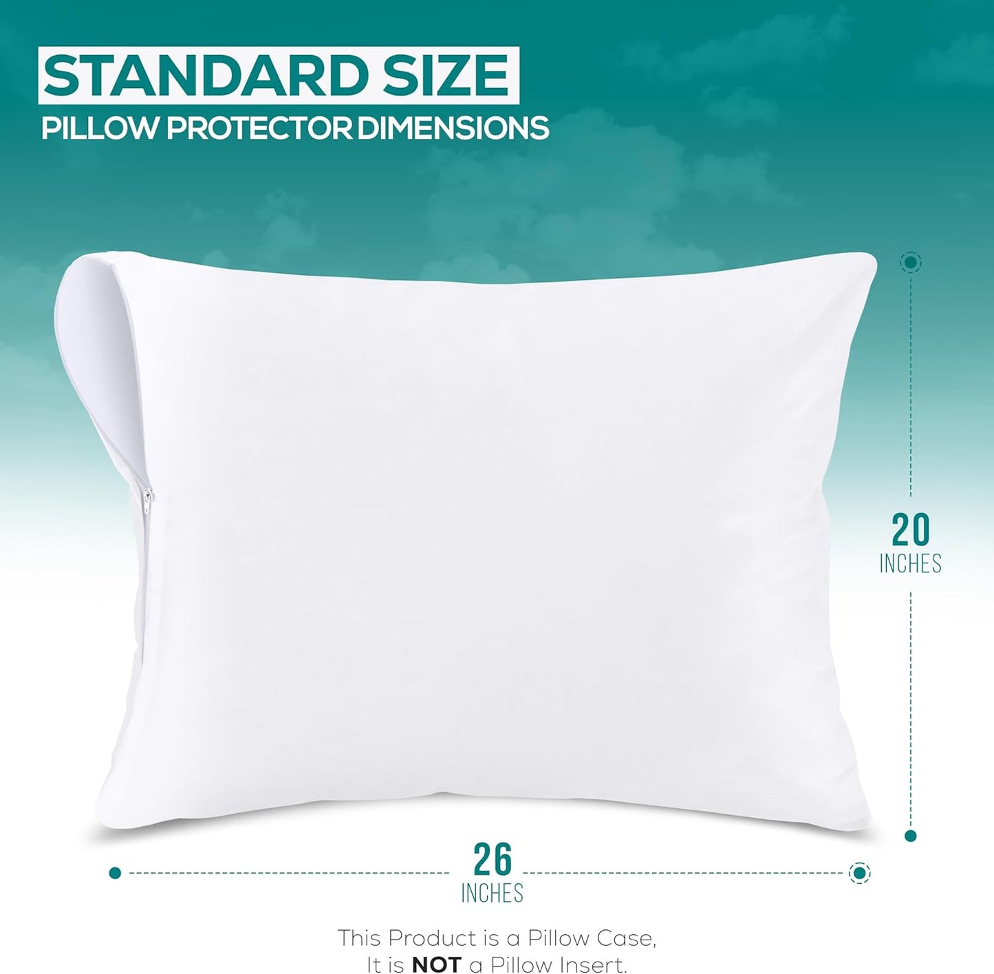 Waterproof Pillow Protectors Zippered Standard Size (2 Pack, White), Zippered Pillowcases, Bed Bug Proof Pillow Encasement Covers 20 X 26 Inches