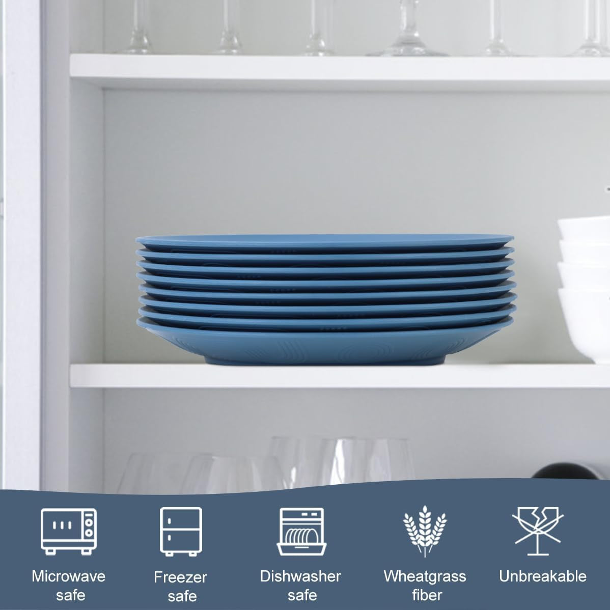 Set of 8 Unbreakable Wheat Straw Flat Dinner Plates - Microwave and Dishwasher Safe, Perfect for Camping and Salads (Blue, 10 Inch)