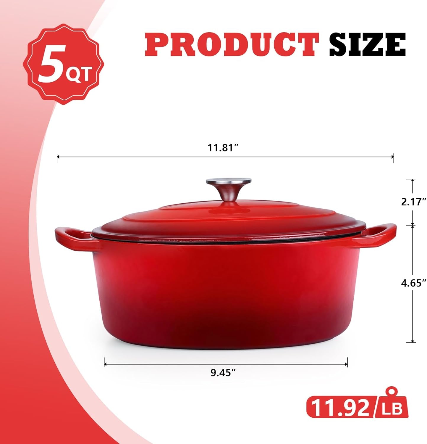 Oval Dutch Oven with Lid, Enameled Cast Dutch Oven Pot for Bread Baking, Braising, Stewing, Roasting, Non-Stick & Oven Safe, Dual Handles & Easy Clean, 5QT & Red