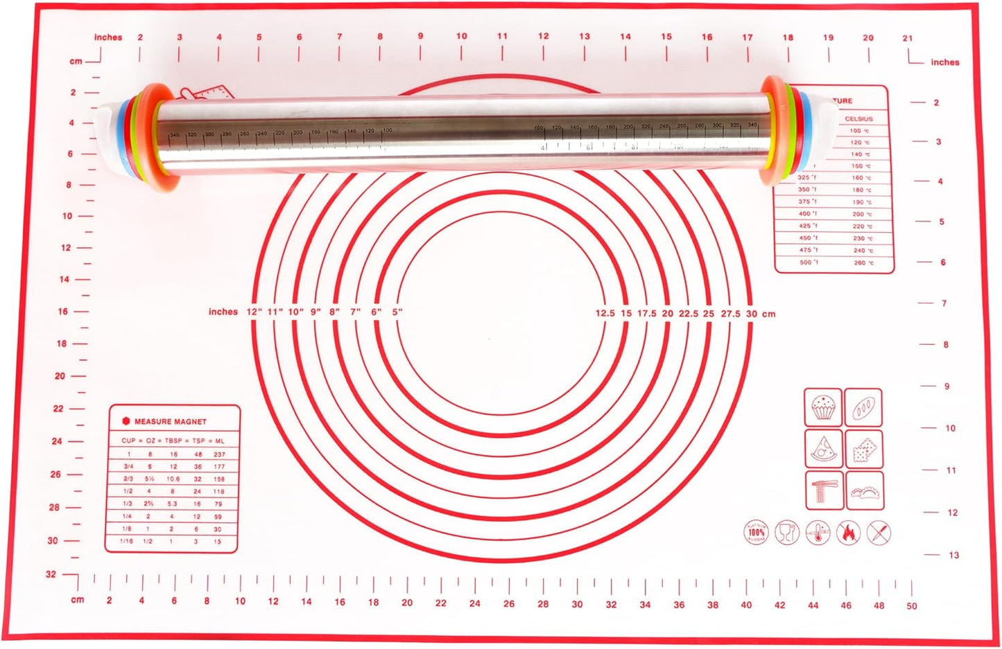 Adjustable Rolling Pin with Thickness Rings for Baking, Stainless Steel Desgins Dough Roller Pins with Silicone Pastry Nonstick Mat for Cookie Decorating Baking Supplies Fondant Cake Baker