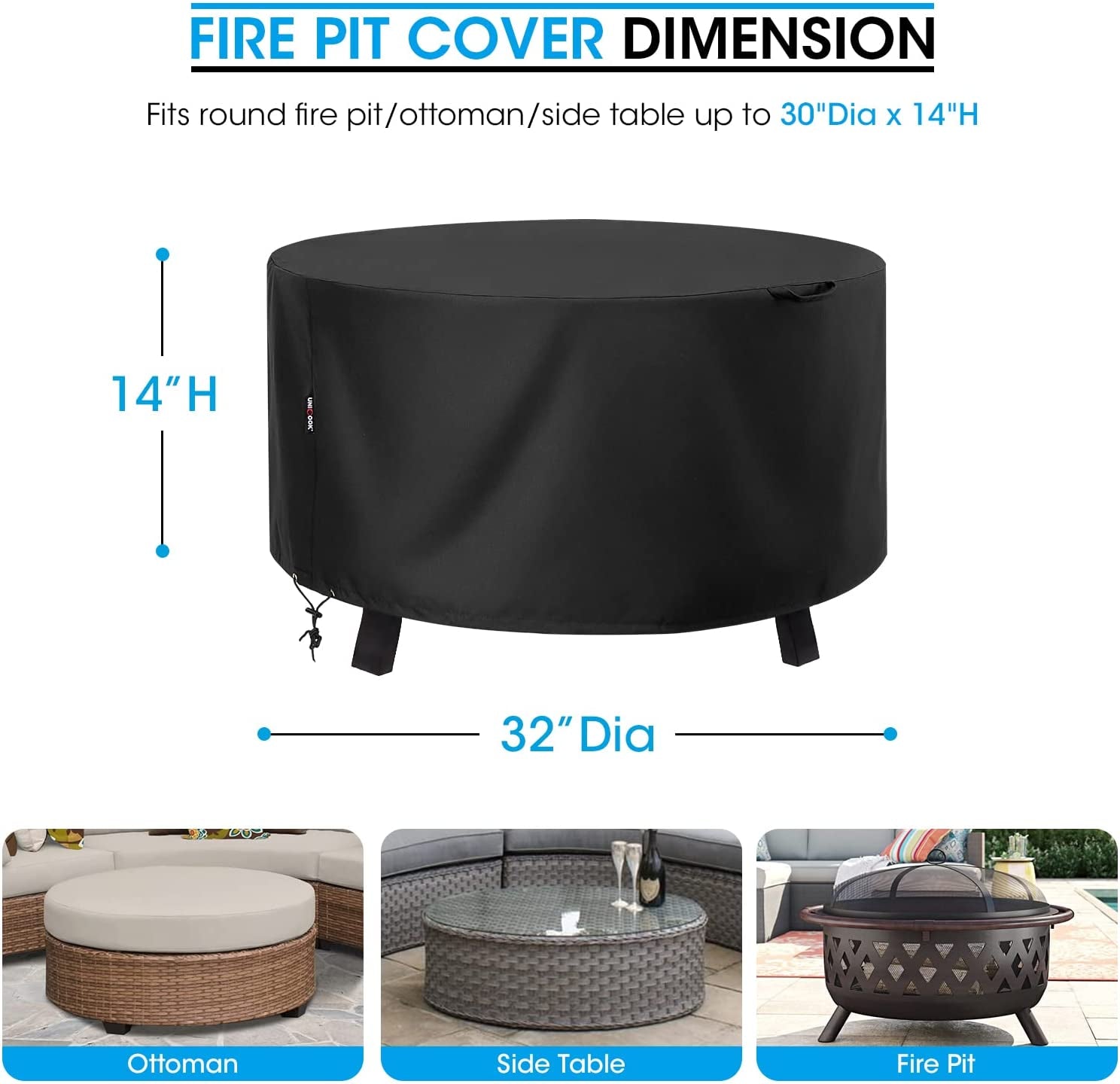 round Fire Pit Cover 32 Inch, Heavy Duty Waterproof Firepit Cover Small, Patio Fire Table Cover, Fade and UV Resistant Material, All Weather Protection, 32" Dia X 14" H, Black