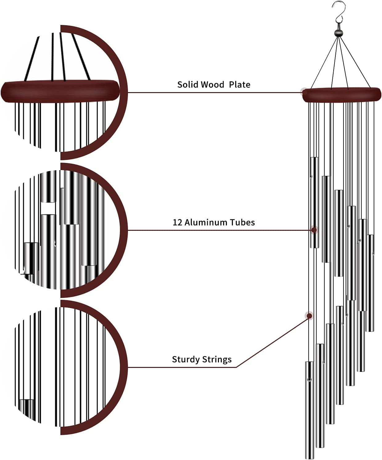 Wind Chimes for Outside, Sympathy Wind Chimes Outdoor Clearance with 12 Aluminum Alloy Tubes and Hook, Memorial Wind Chime Gift Decoration for Home, Patio, Garden, Outdoor