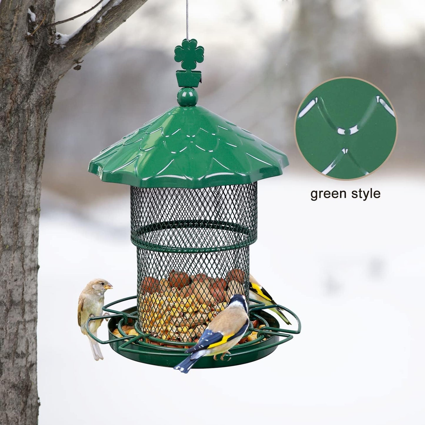 Metal Bird Feeder Tube Hanging Bird Seed Feeder Squirrel Proof Birds Feeder for outside Decoration, Large Capacity Feeder for Outdoor Garden,Green