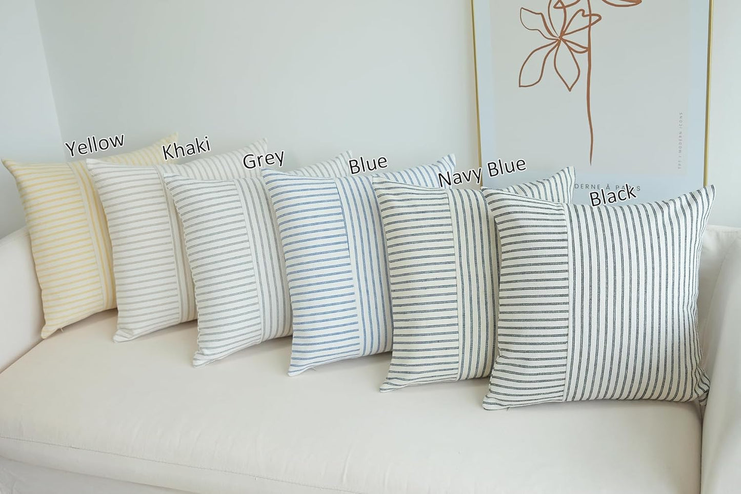 Navy Blue and Beige Patchwork Farmhouse Pillow Covers 20X20 Inch, Pack of 2 Striped Linen Decorative Modern Accent Pillow Cases for Sofa Couch Bedroom 20 X 20