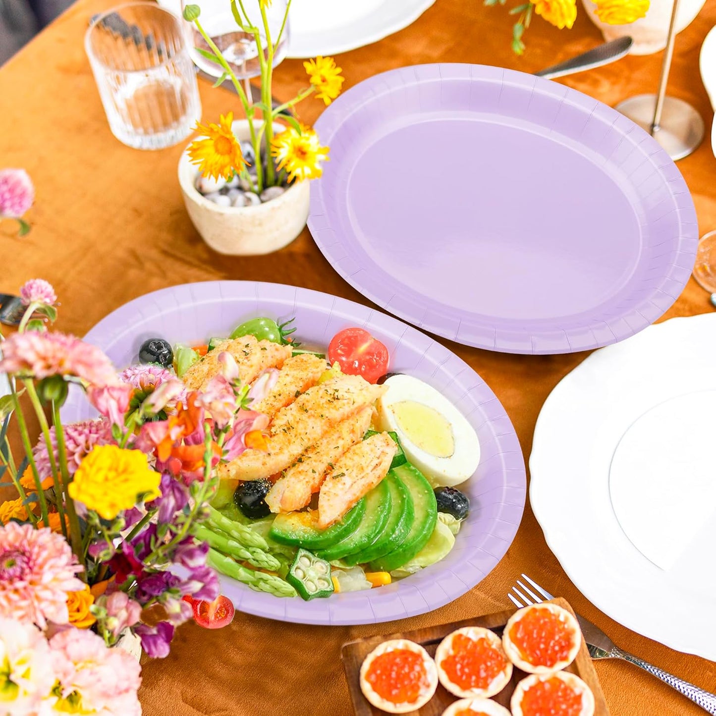 50 Count Oval Paper Plates, 12.2'' X 10.2'' Large Lavender Disposable Plates for Daily Dinner, Wedding, Birthday, Party, Picnic, Baby Shower, Barbecue
