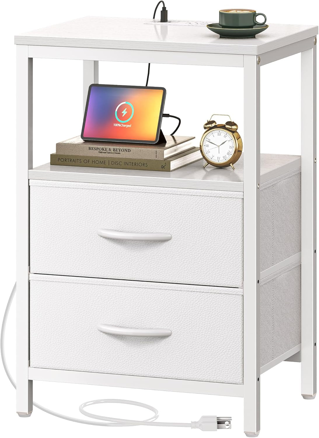 Elegant Nightstand with Integrated Charging Station, Fabric Drawers, Open Shelf, USB Ports, and Outlets - White Finish