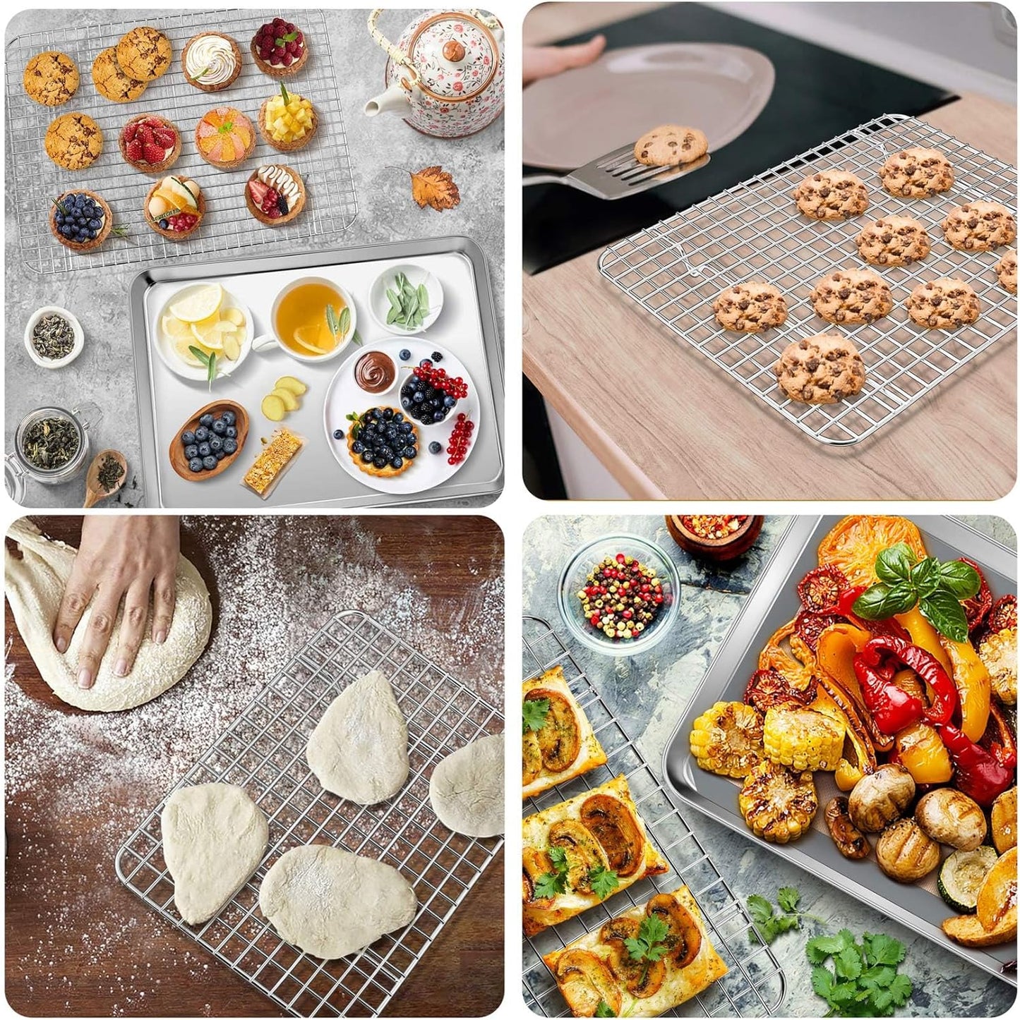 16 + 12.5 + 10.4 + 9 Inch Baking Sheet and Rack Set, Stainless Steel Cookie Sheets Oven Baking Pans Trays with Cooling Racks for Cooking & Roasting, Oven & Dishwasher Safe, (8Pcs)
