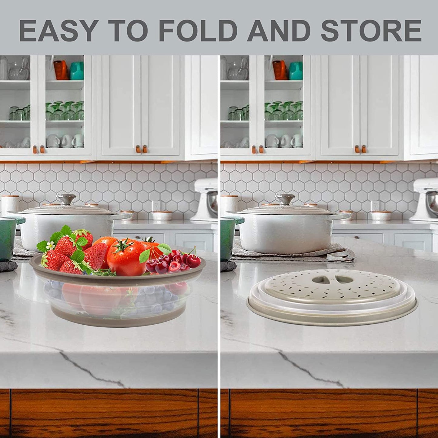 3 in 1,  Microwave Mat & Food Cover- 10" Mat as Bowl Holder, 8" as Bowl Cover, Collapsible Lid for Plates Dishes Splatter Guard, Multi-Purpose Silicone Mat & Kitchen Colander for Meal Prep,Grey