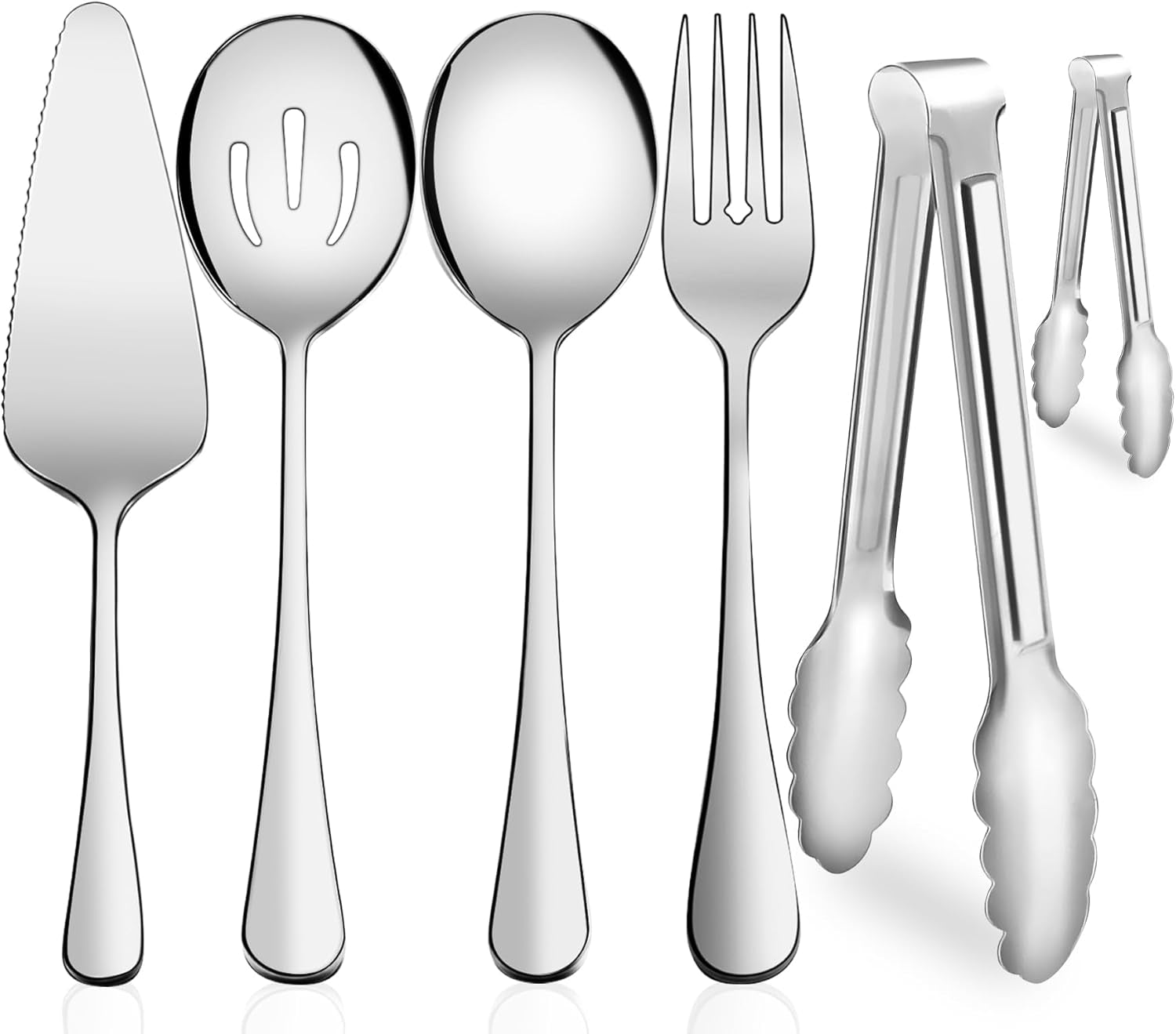 Serving Utensils,  6-Piece Stainless Steel Serving Utensil Set Include Serving Spoon, Slotted Serving Spoon, Serving Fork,Serving Tong, Appetizers Tong,Pie Server (Silver), Regular