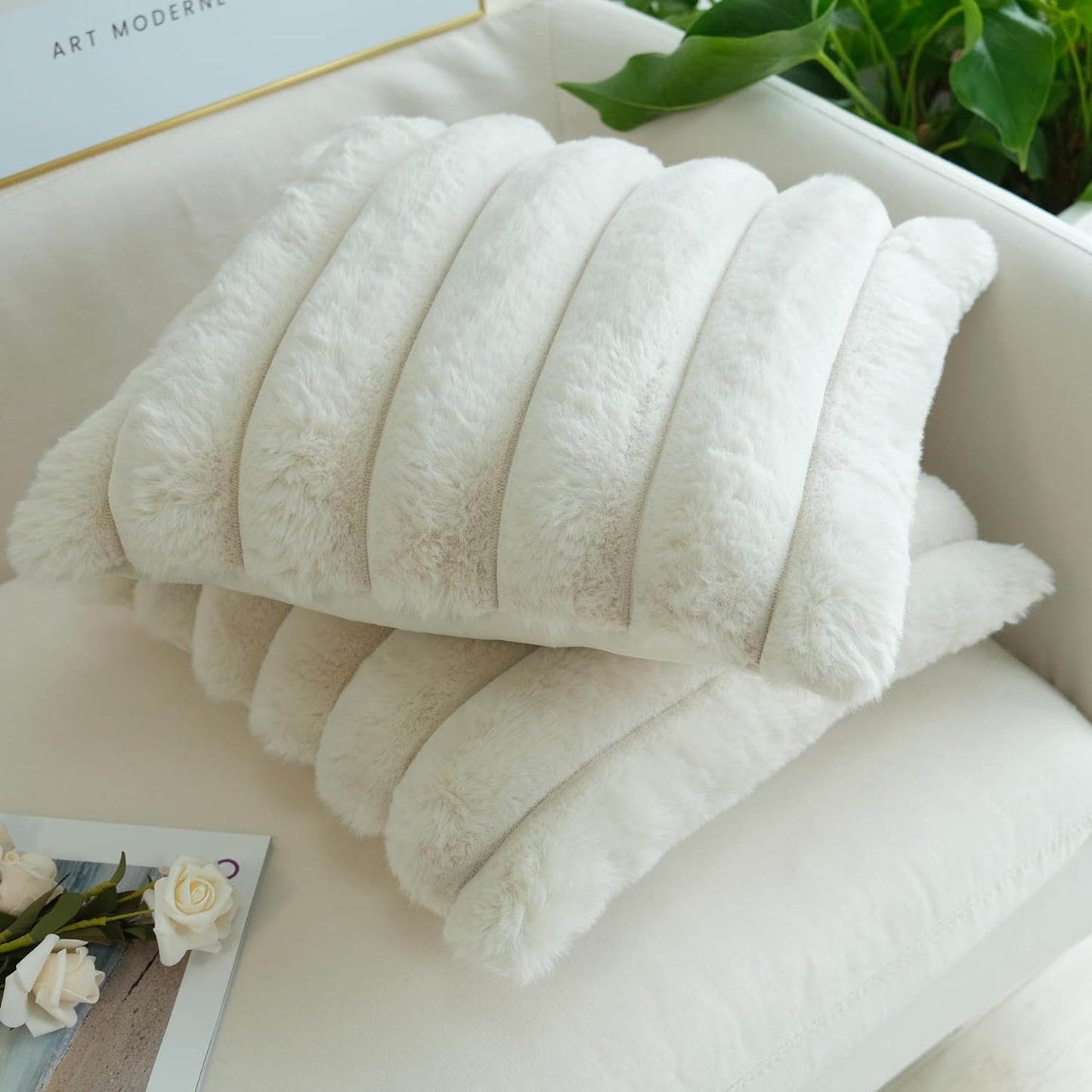 Pack of 2 Faux Fur Plush Decorative Throw Pillow Covers Couch Cushion Case Soft Fluffy Pillowcases Wide Stripe (Beige, 18 X 18 Inch)