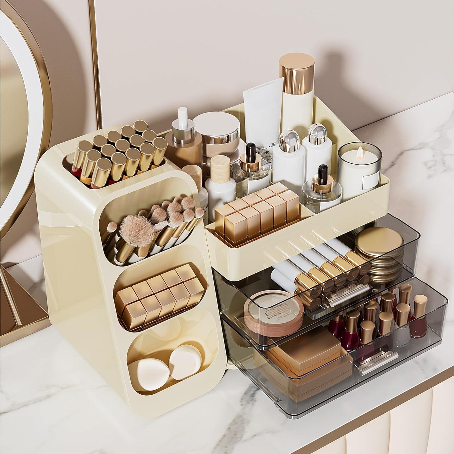 Makeup Organizer with Drawers for Vanity, Spacious Cosmetic Display Case with Makeup Brush Holder, Perfect Vanity Bathroom Organizer and Storage Solution for Skincare & Beauty Essentials, Beige