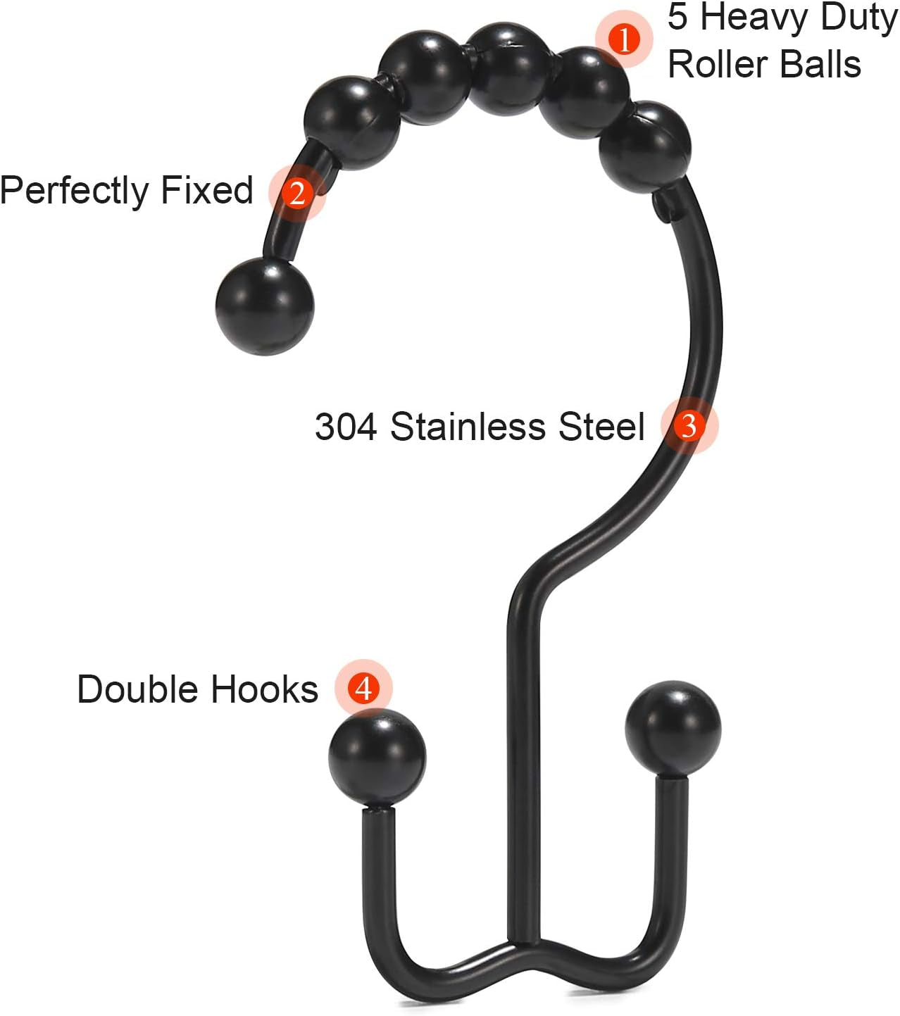 Shower Curtain Hooks, Shower Curtain Rings, Stainless Steel Black Shower Curtain Hooks, Shower Curtain Rings Rust Proof, Free Sliding Double Shower Hooks for Shower Curtain & Liners (Black)