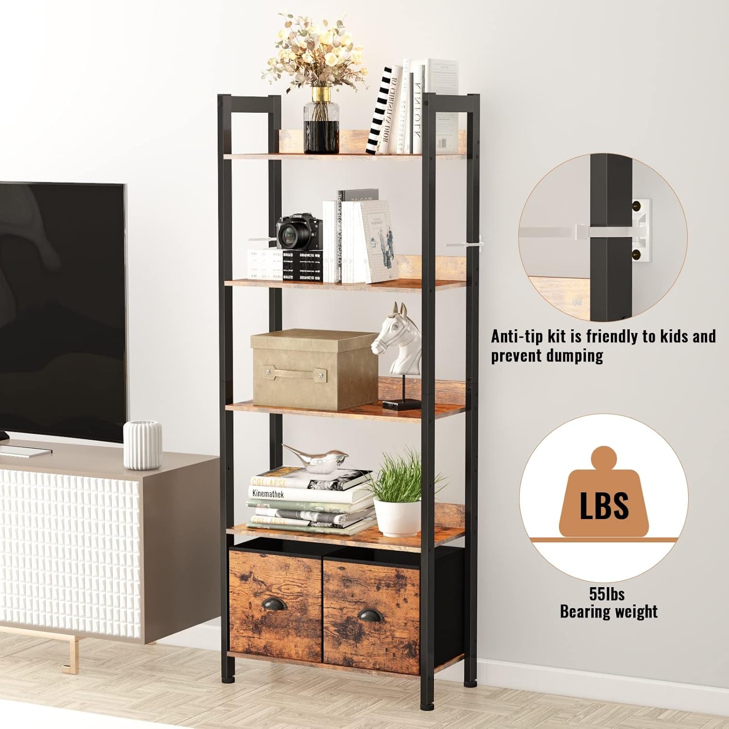 5-Tier Bookshelf, Tall Bookcase with 2 Storage Drawers, Industrial Display Standing Shelf Units, Wood and Metal Storage Shelf for Living Room, Bedroom, Home Office, Rustic Brown