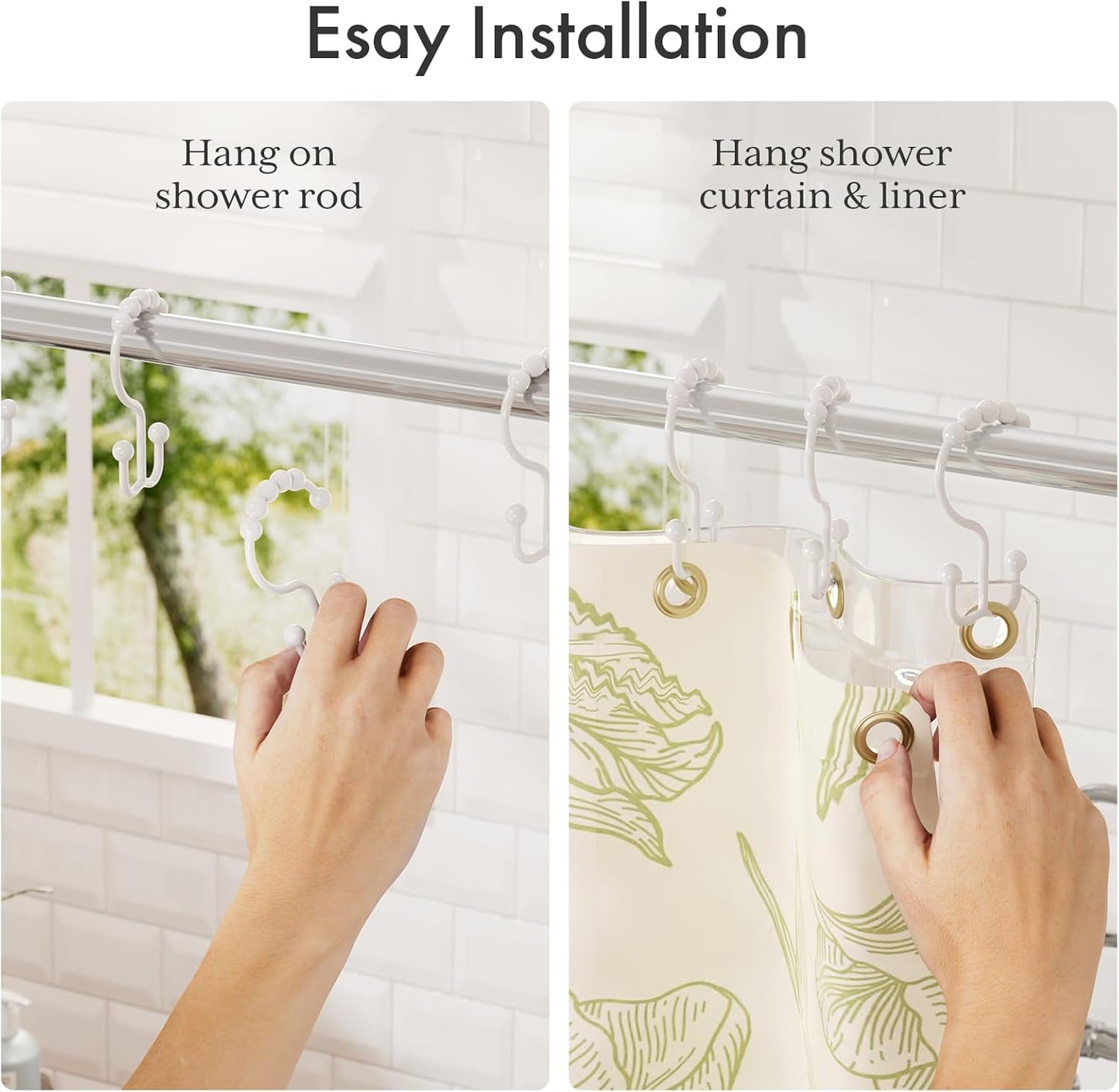 Plastic Shower Curtain Hooks, Shower Curtain Hooks Rings, Double Shower Curtain Hooks, Shower Hooks for Shower Curtain, White Shower Curtain Hooks for Curtain Liner Bathroom - 12 Pcs