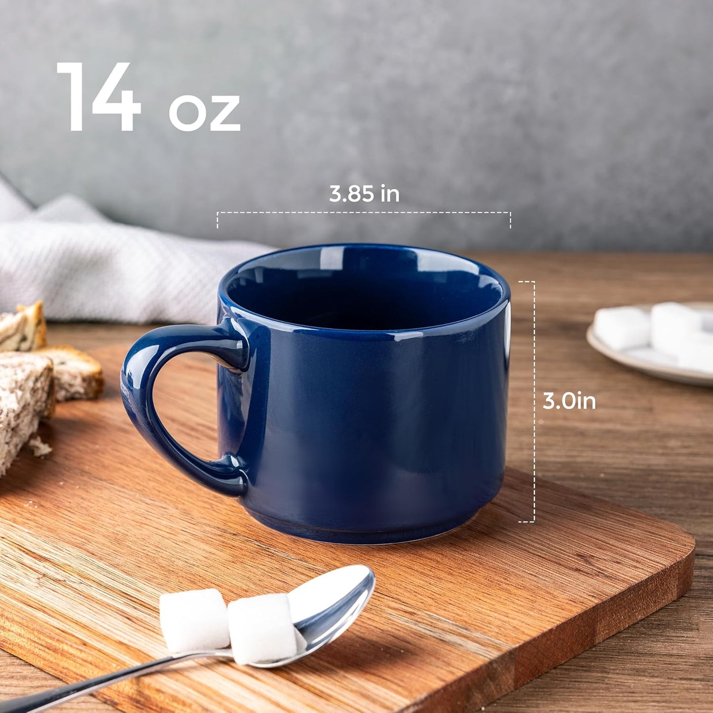 14 oz Stackable Ceramic Coffee Mug Set of 6 in Navy Blue - Modern Cups for Latte, Cappuccino, and Hot Cocoa - Dishwasher and Microwave Safe