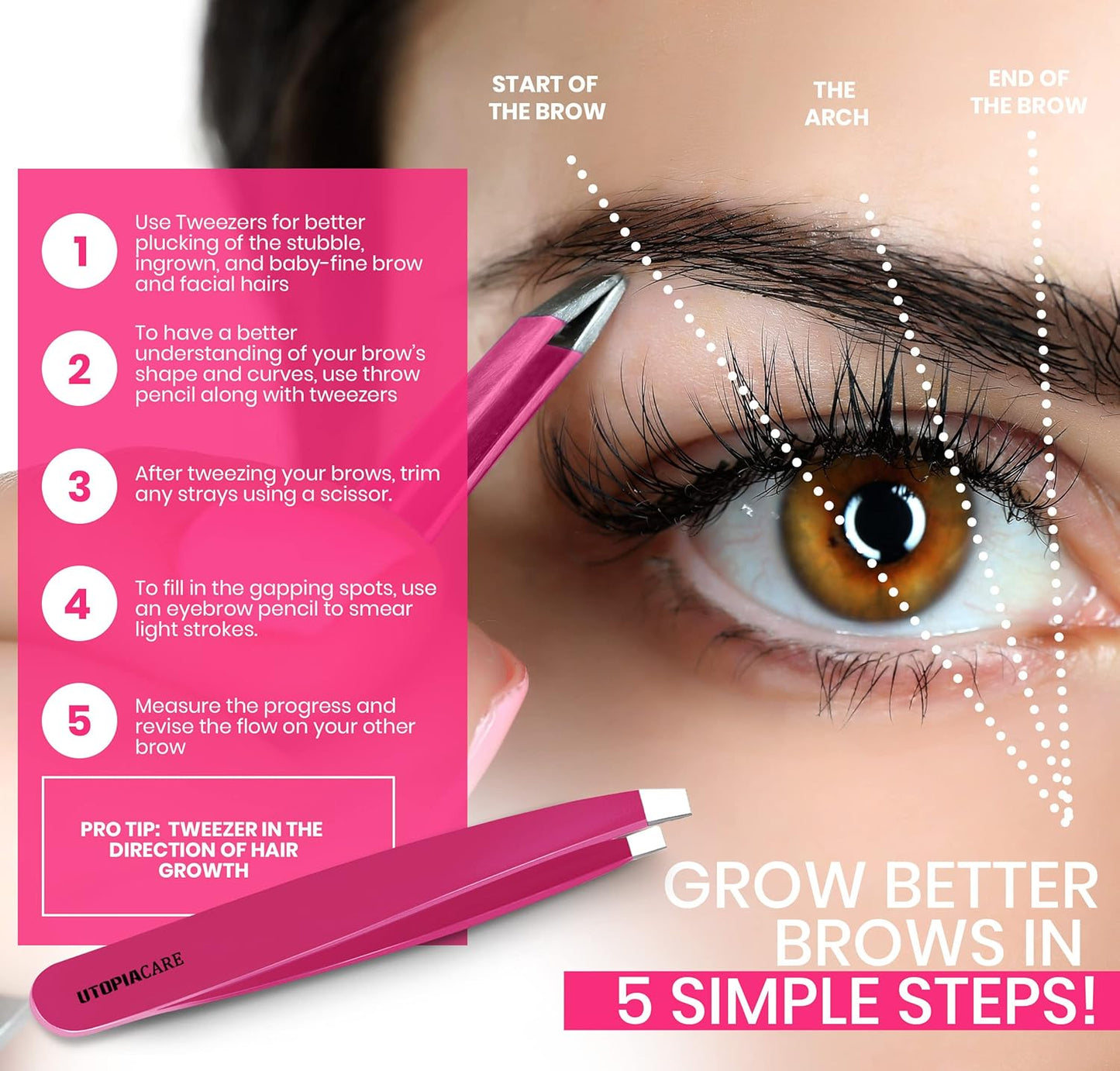 Professional Tweezers 4 Piece Set, Stainless Steel Slant, Pointed, Flat & Curved Tweezers for Eyebrows, Ingrown Hair & Splinter Removal, Grooming & Beauty Tools, Pink