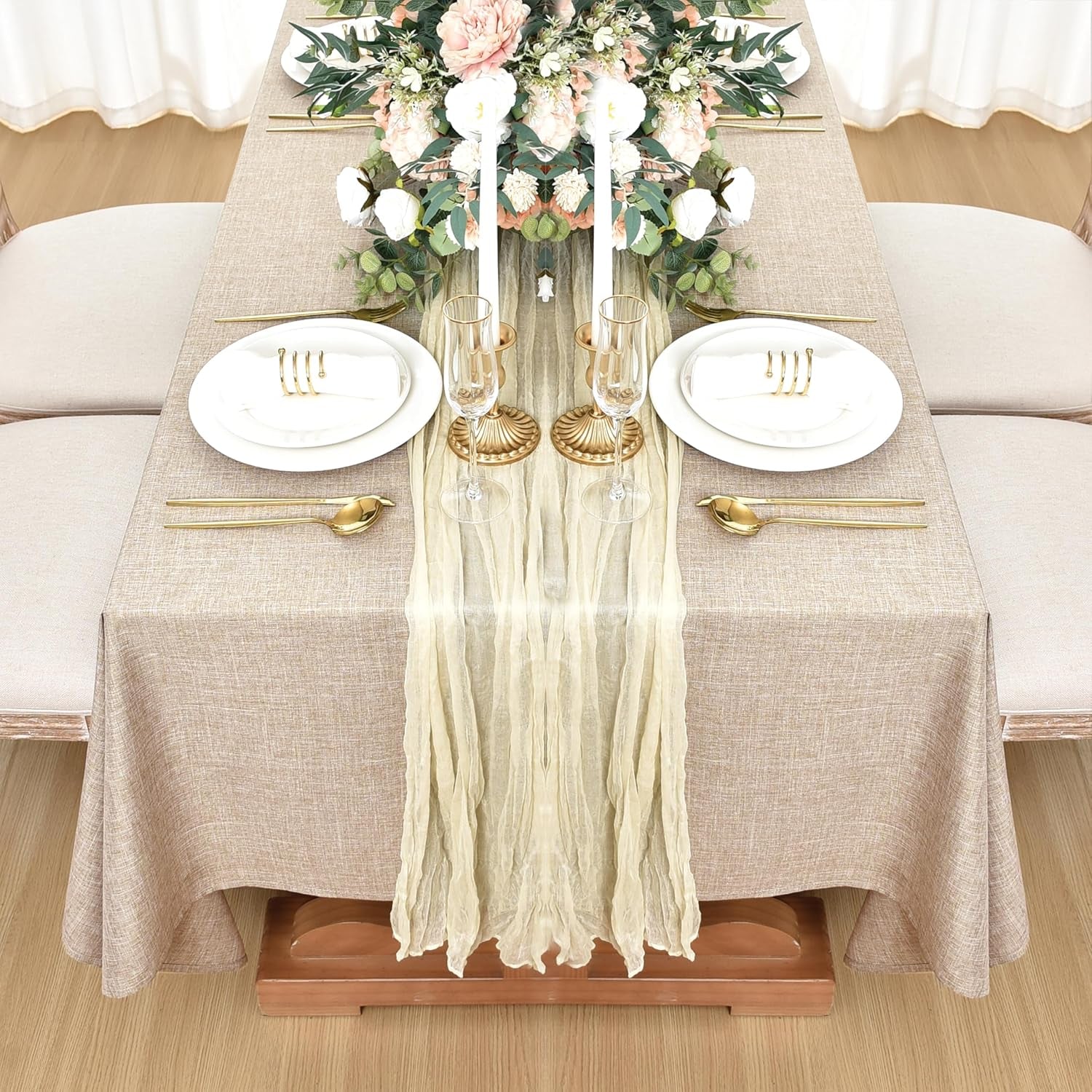 Faux Linen Rectangle Tablecloths - Water and Stain Resistant Farmhouse Style, Washable Burlap Texture, 2-Pack (52x70 Inches, Beige)