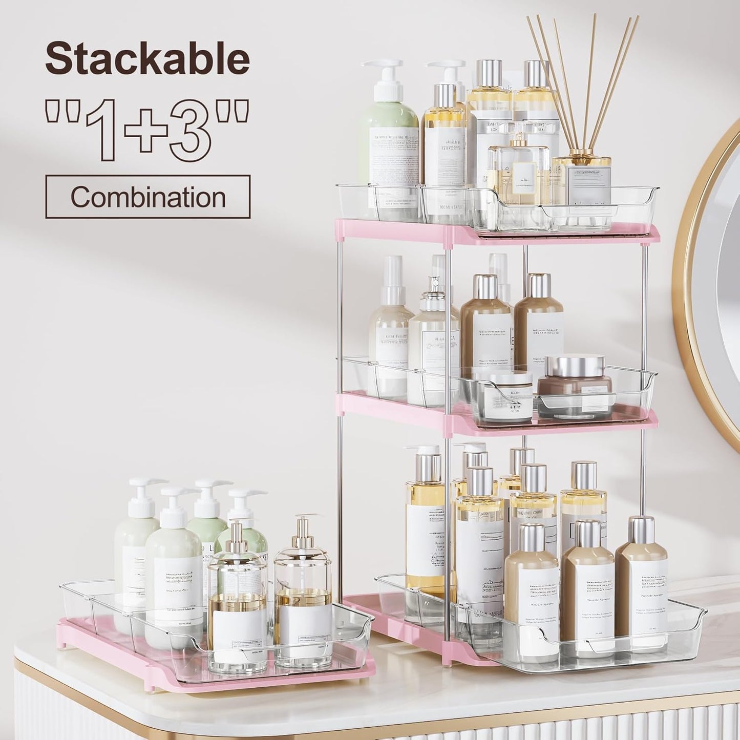 2 Sets of 2-Tier Multi-Purpose Bathroom under Sink Organizers and Storage, Stackable Kitchen Pantry Organization, Pull Out Medicine Cabinet Organizer with 8 Movable Dividers, Pink