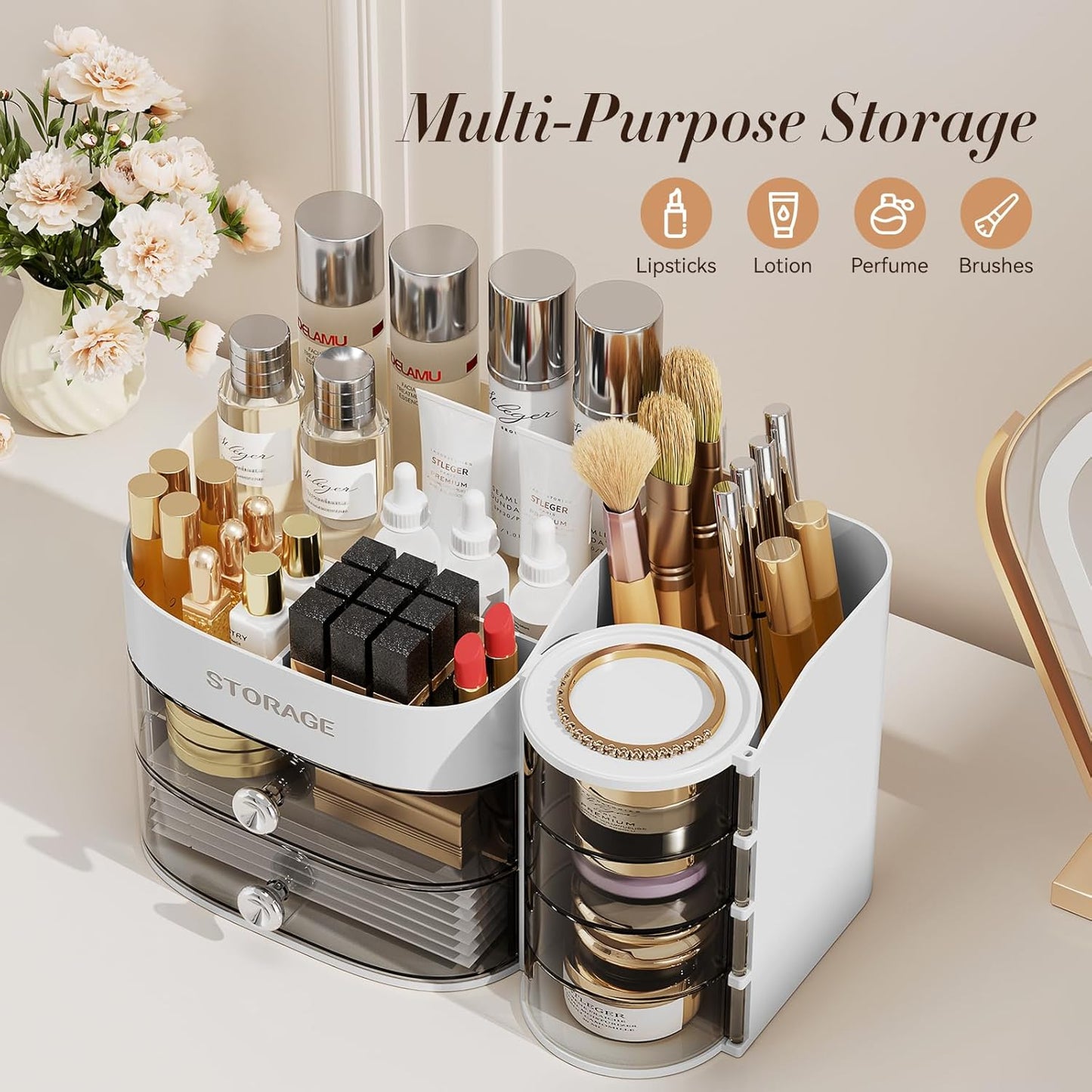 Makeup Organizer with Drawers, Cosmetic Storage for Dresser Bathroom Countertop, Include 4-Tier Rotating Jewelry Box for Brushes, Skincare, Perfume, Office, Earring, Jewelry Organizer, White