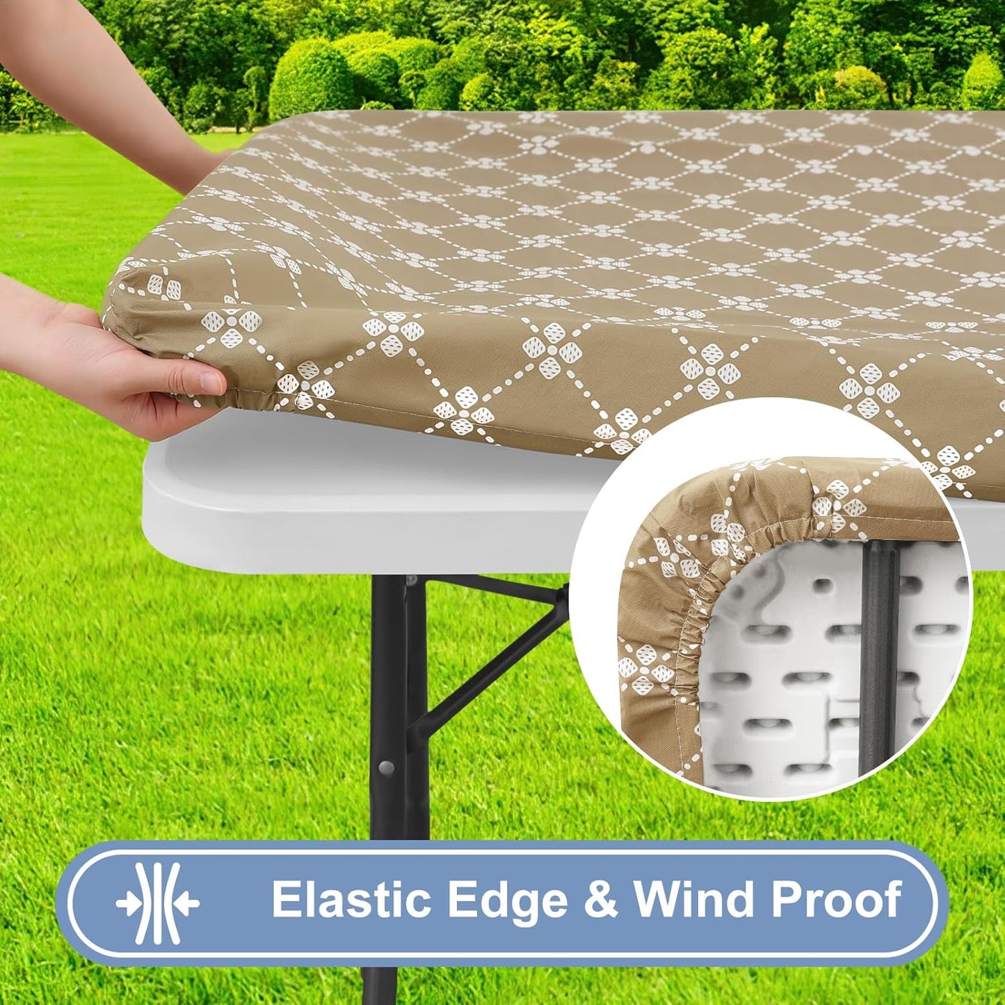 Rectangle Vinyl Table Cloth, Elastic Fitted Tablecloth with Flannel Backing, Waterproof Plastic Table Cover Fits 6 Foot Folding Tables for Camping, Indoor and Outdoor (Khaki, 30" X 72")
