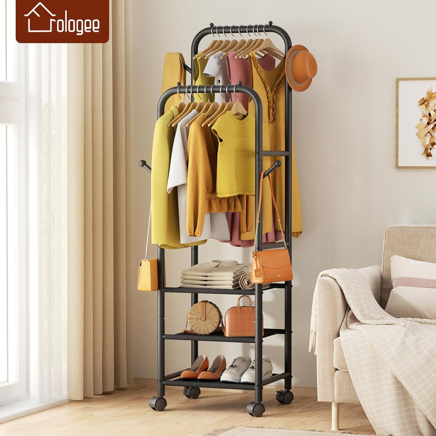 Rolling Clothing Racks for Hanging Clothes, Double Rods Clothes Rack with Wheels, Sturdy Coat Racks,Portable Metal Garment Rack for Bedroom Laundry Living Room, Black