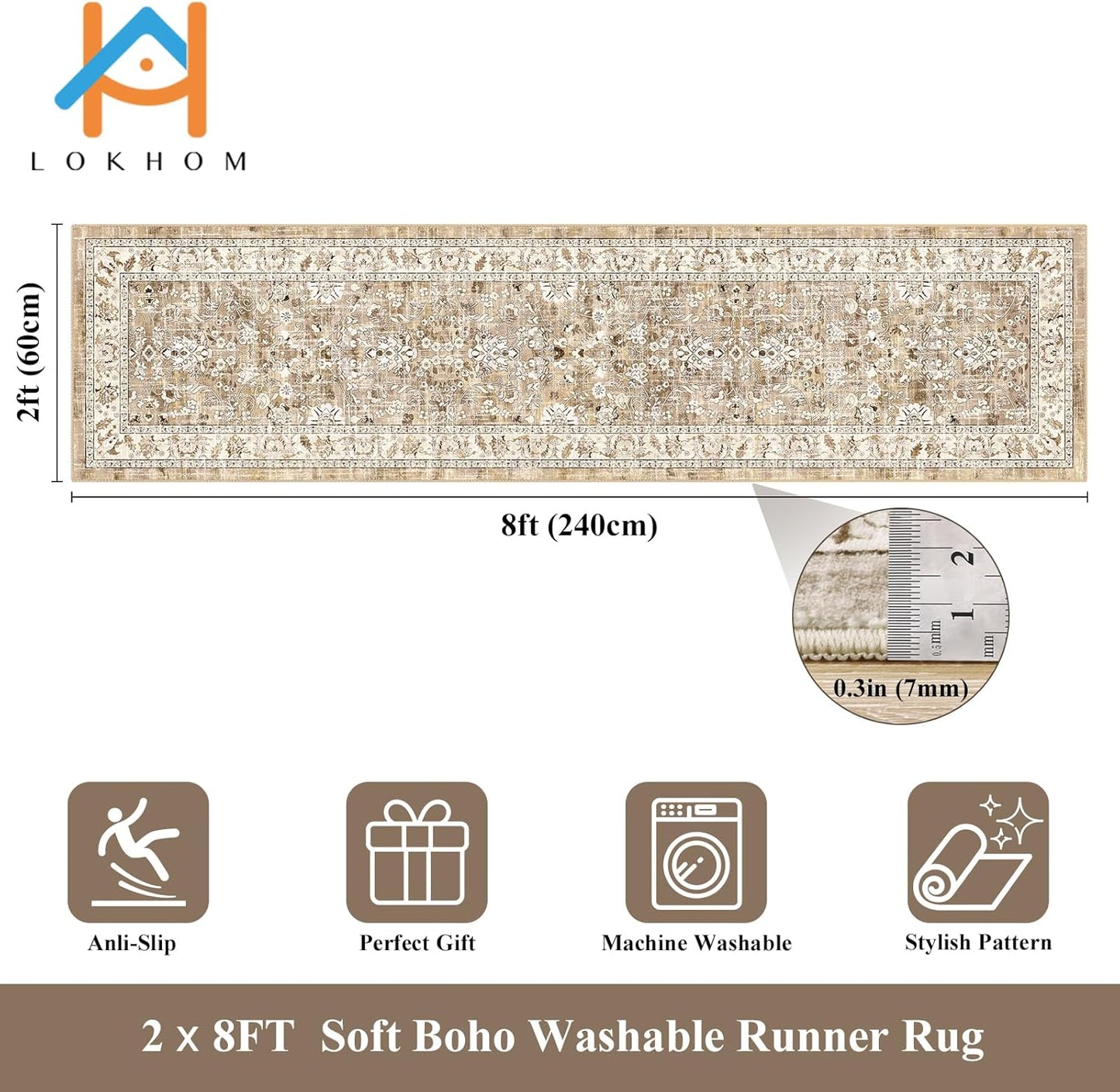 Washable Non-Slip Vintage Hallway Runner Rug, 2x8 ft, Boho Floral Soft Faux Wool Carpet with Rubber Backing for Laundry, Entryway, and Bedroom (Beige Brown)