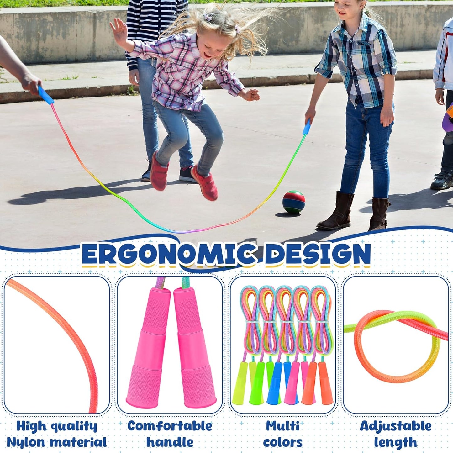 Kids Jump Rope, Colorful Gradient Nylon Skipping Ropes for Children, 7.55FT Adjustable Length, Plastic Handles, Lightweight Jumping Ropes for Schools, Events, and Family Fun