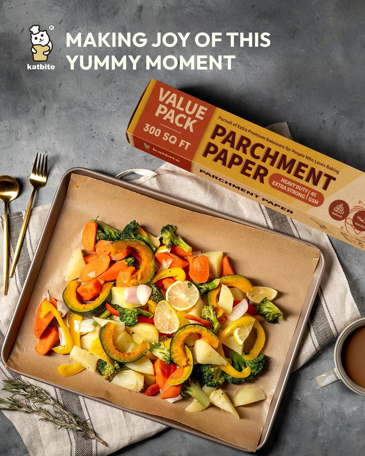 Unbleached Parchment Paper Roll - 15" x 242', 300 sq. ft., Non-Stick with Serrated Cutter for Baking, Cooking, and Air Frying