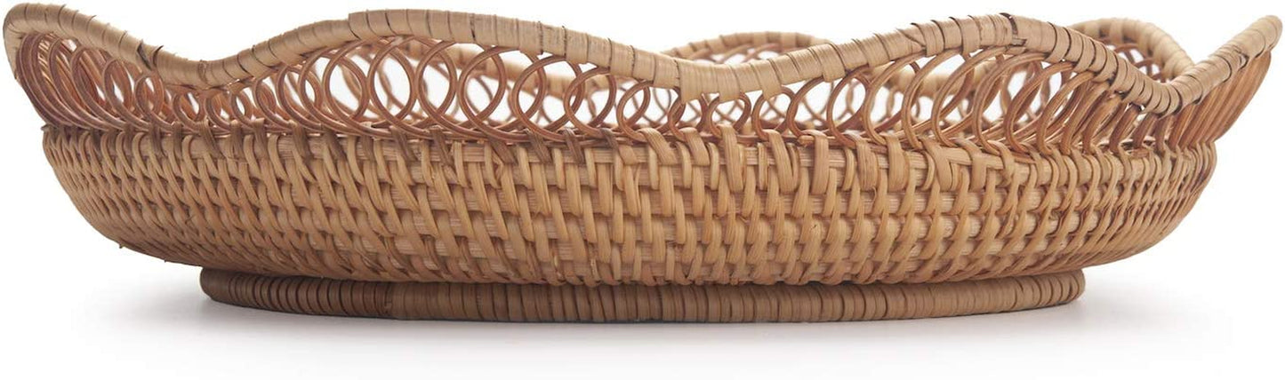 Rattan Fruit Basket for Serving Woven Bread Tray for Cake Kitchen Counter Table Natural (11.8Inch D X 3.5Inch H)