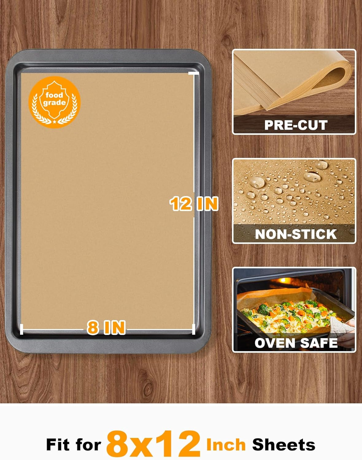 200 Pcs Parchment Paper Baking Sheets, 8X12 Inches Non-Stick Precut Baking Parchment, for Baking Grilling Steaming Bread Cup Cake Cookie and More (Unbleached)