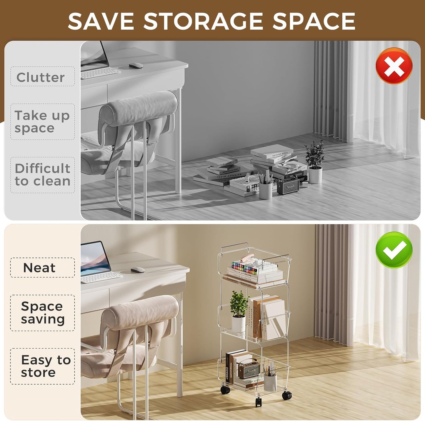 3 Tier Rolling Cart for Kitchen, Bathroom, Office – Acrylic Utility Storage Carts with 2 Lockable Wheels – Ideal for Small Spaces, Pantry, Classroom, Makeup Organizer, Dorm Storage, Clear