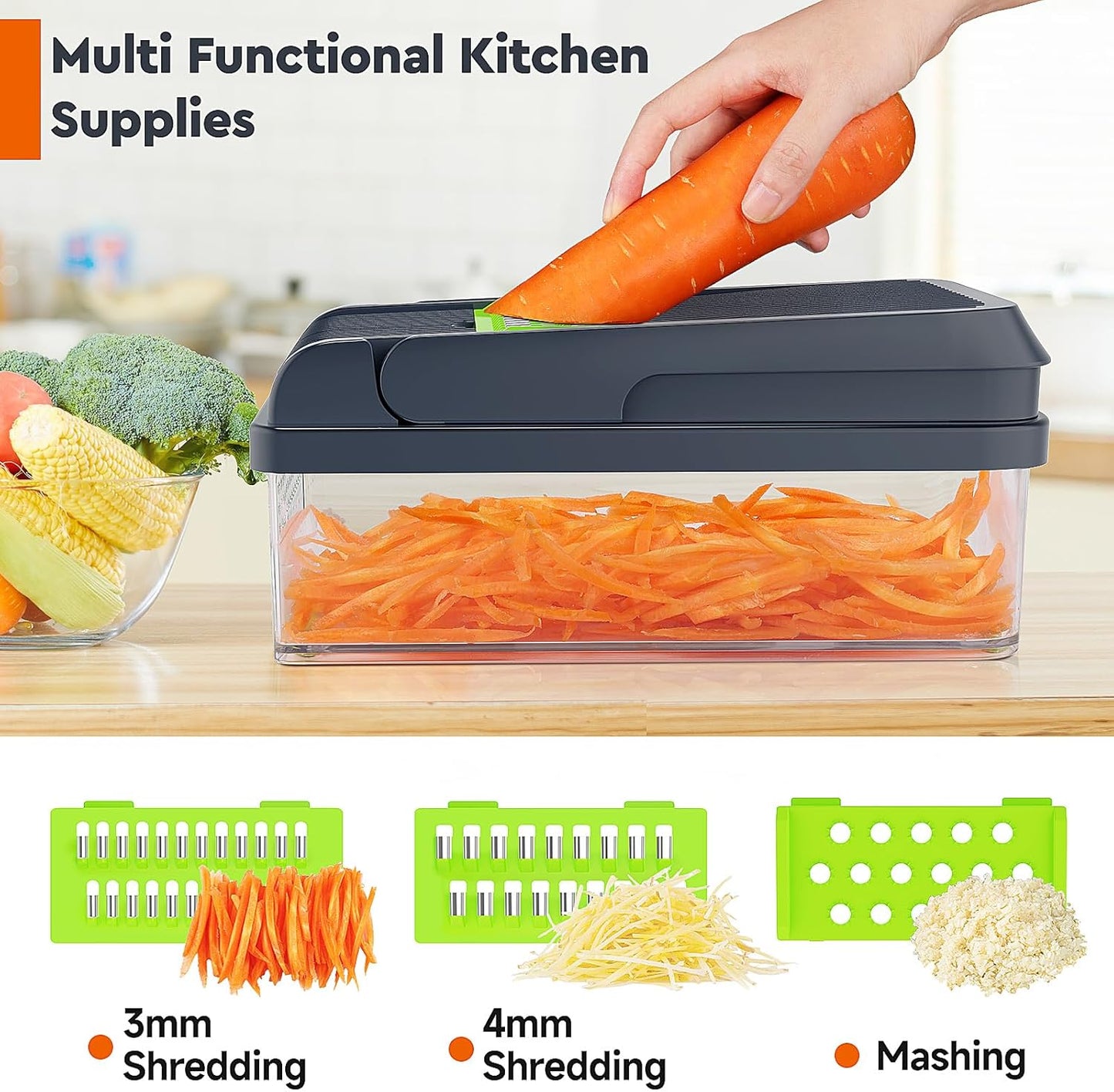 12-in-1 Vegetable Chopper with 7 Blades and Container, Versatile Food Preparation Tool, Cheese Grater, Essential Kitchen Gadget (Green/Grey)