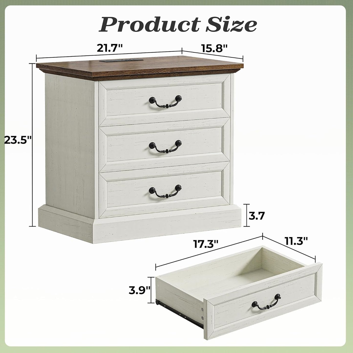 Farmhouse Nightstand Set of 2 with Charging Station and Vintage Handles, 22-Inch Wide Storage Side Table in Distressed White