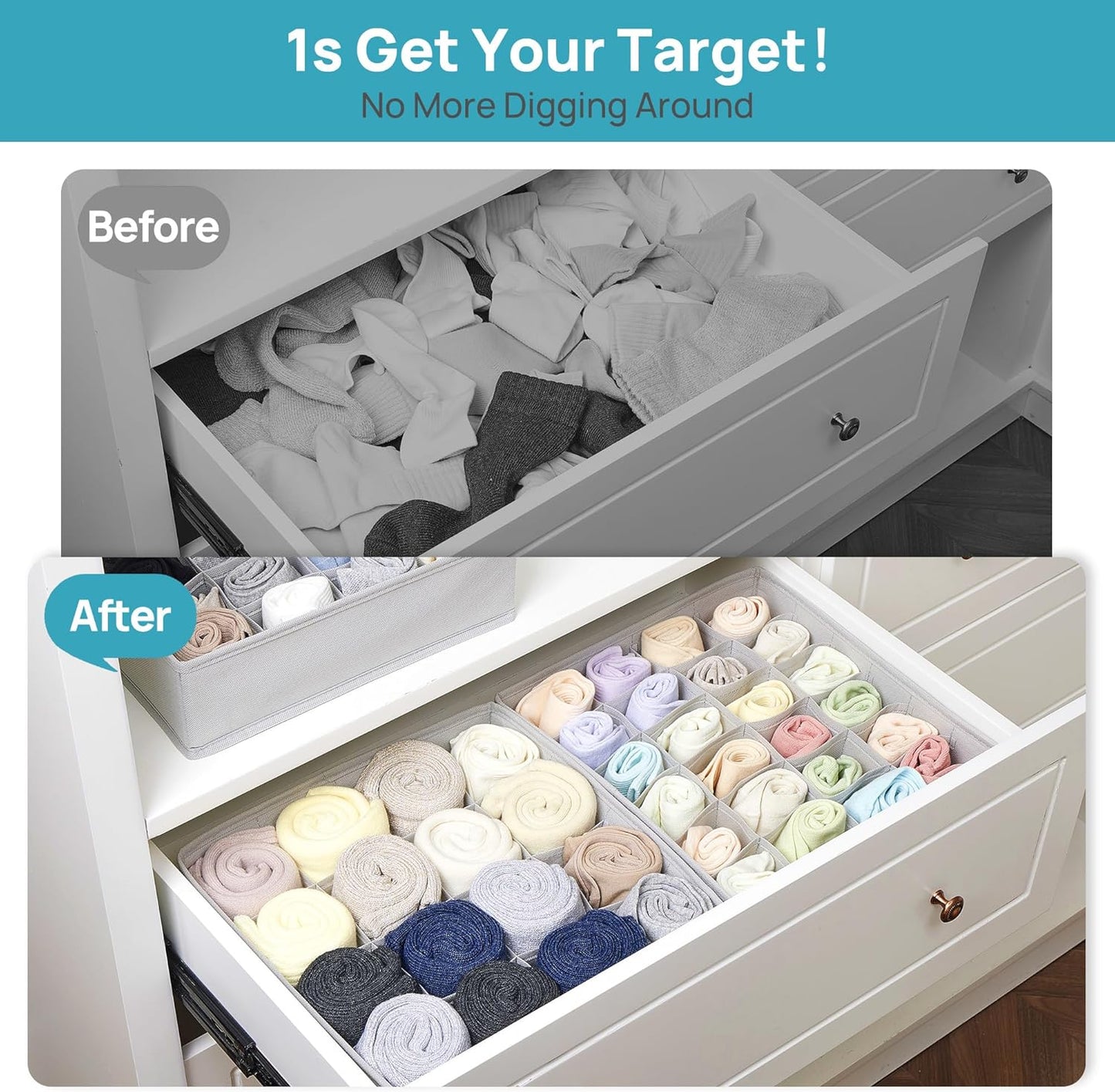 3 Pack 24+24+16 Cells Socks Drawer Organizers Set, 64 Cells Clothes Drawer Dividers Dresser Organizers Bins, Scarves, Ties, Non-Woven Fabric Storage Boxes for Closet, Nursery
